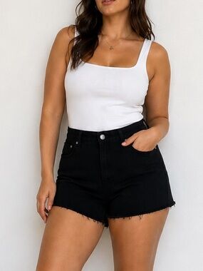 🖤 Womens Large High-Waist Black Denim Shorts with Pockets